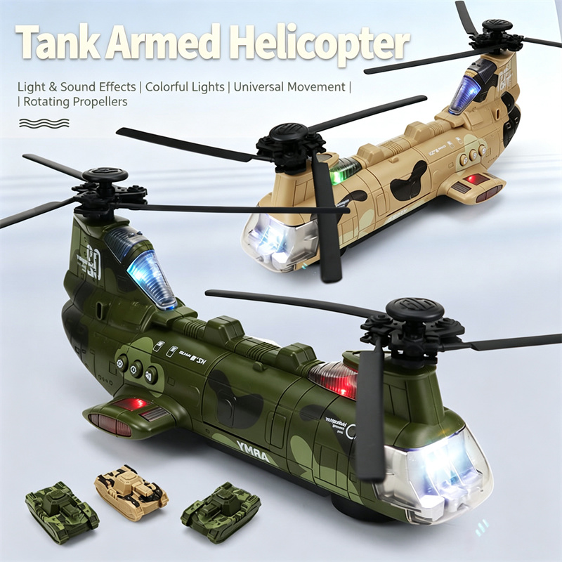 Model Airplane Plastic - เฮลิคอปเตอร์ไฟฟ้าติดอาวุธ ล้ออเนกประสงค์ เครื่องบินของเล่นเด็ก พร้อมไฟหมุนและเสียงเพลง โมเดลเครื่องบินขนส่งพร้อมรถถังขนาดเล็ก